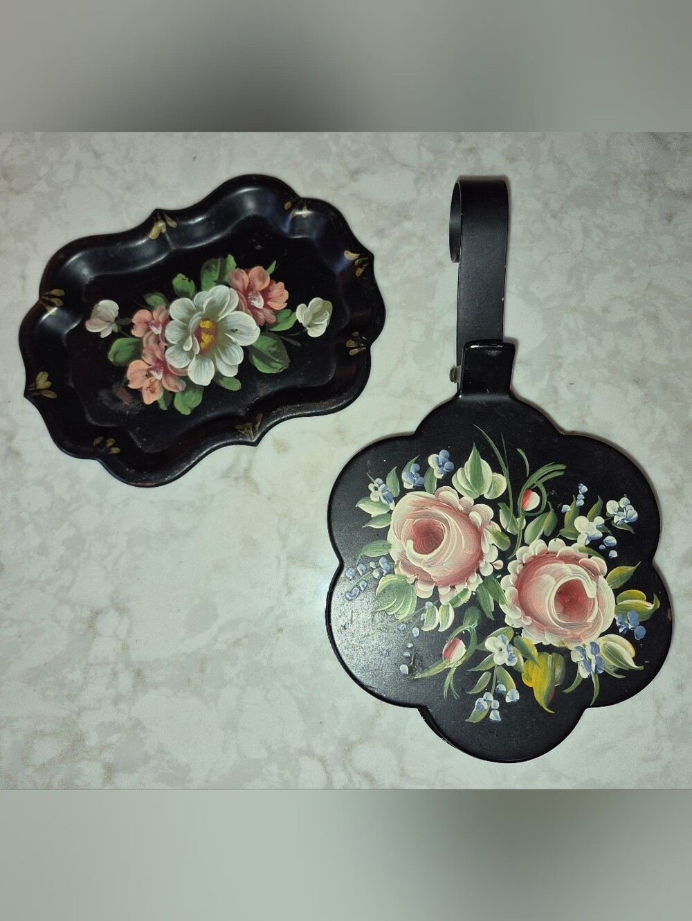2 Vintage Black Toleware pieces with hand-painted floral designs